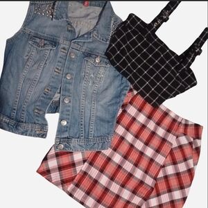 Denim Vest and Plaid Skirt Set